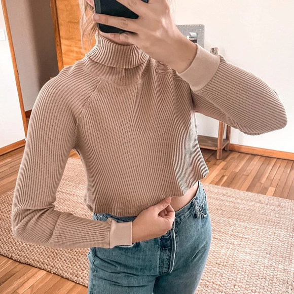 The Range Tan Cropped Turtleneck Waffle Knit Designer Long Sleeve Shirt XS - Picture 1 of 8